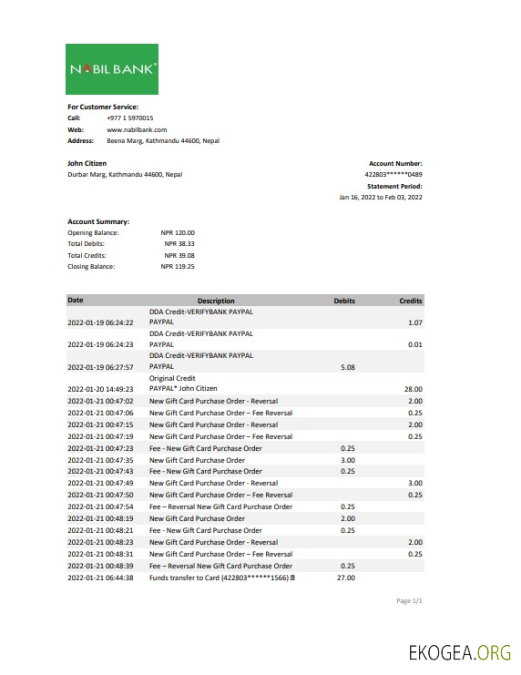 Modèle Excel et PDF de relevé bancaire Népal Nabil